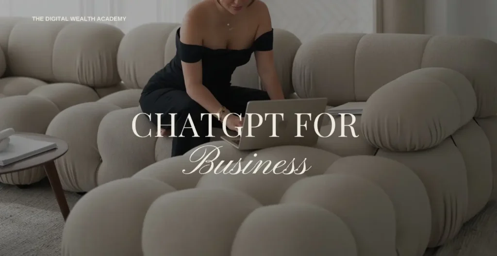 Woman using laptop on a modular sofa; DWA Module - ChatGPT for Business.