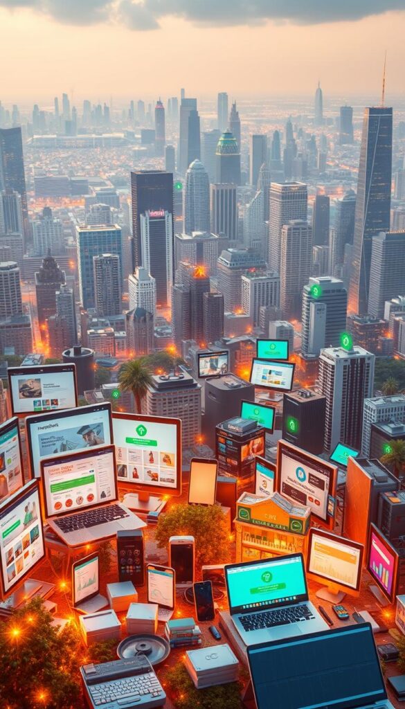 A bustling digital landscape of online money-making platforms, bathed in a warm, inviting glow. In the foreground, a cluster of sleek, intuitive interfaces showcasing various income-generating opportunities - from e-commerce stores and freelance marketplaces to crowdfunding campaigns and passive investment apps. The middle ground features a vibrant array of devices, from laptops and tablets to smartphones, all connected through a web of virtual transactions. In the background, a cityscape of skyscrapers and digital infrastructure, symbolizing the scale and interconnectivity of the online economy. Soft, diffused lighting creates a sense of optimism and possibility, inviting the viewer to explore these diverse avenues for financial empowerment. A bustling digital landscape of online money-making platforms, bathed in a warm, inviting glow. In the foreground, a cluster of sleek, intuitive interfaces showcasing various income-generating opportunities - from e-commerce stores and freelance marketplaces to crowdfunding campaigns and passive investment apps. The middle ground features a vibrant array of devices, from laptops and tablets to smartphones, all connected through a web of virtual transactions. In the background, a cityscape of skyscrapers and digital infrastructure, symbolizing the scale and interconnectivity of the online economy. Soft, diffused lighting creates a sense of optimism and possibility, inviting the viewer to explore these diverse avenues for financial empowerment.