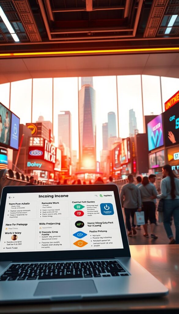 A bustling online marketplace filled with a variety of vibrant income opportunities. In the foreground, a modern laptop displays enticing options for remote work, freelancing, and passive revenue streams. The middle ground features a diverse array of digital tools, from mobile apps to e-commerce platforms, all promising financial empowerment. In the background, a sleek and futuristic cityscape sets the stage, hinting at the boundless potential of the digital economy. Warm, inviting lighting casts a glow over the scene, conveying a sense of optimism and possibility. Captured through a wide-angle lens, the image showcases the breadth and depth of the online income landscape. A bustling online marketplace filled with a variety of vibrant income opportunities. In the foreground, a modern laptop displays enticing options for remote work, freelancing, and passive revenue streams. The middle ground features a diverse array of digital tools, from mobile apps to e-commerce platforms, all promising financial empowerment. In the background, a sleek and futuristic cityscape sets the stage, hinting at the boundless potential of the digital economy. Warm, inviting lighting casts a glow over the scene, conveying a sense of optimism and possibility. Captured through a wide-angle lens, the image showcases the breadth and depth of the online income landscape.