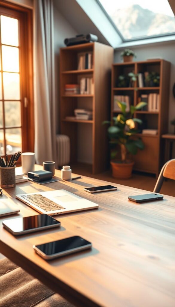 A comfortable home office with a laptop, smartphone, and various office supplies neatly arranged on a wooden desk. The room is flooded with warm, natural lighting from a large window, creating a cozy and productive atmosphere. In the background, a bookshelf and a potted plant add a touch of greenery, further enhancing the inviting environment. The image conveys a sense of opportunity and the potential to earn money from the comfort of one's own home. A comfortable home office with a laptop, smartphone, and various office supplies neatly arranged on a wooden desk. The room is flooded with warm, natural lighting from a large window, creating a cozy and productive atmosphere. In the background, a bookshelf and a potted plant add a touch of greenery, further enhancing the inviting environment. The image conveys a sense of opportunity and the potential to earn money from the comfort of one's own home.