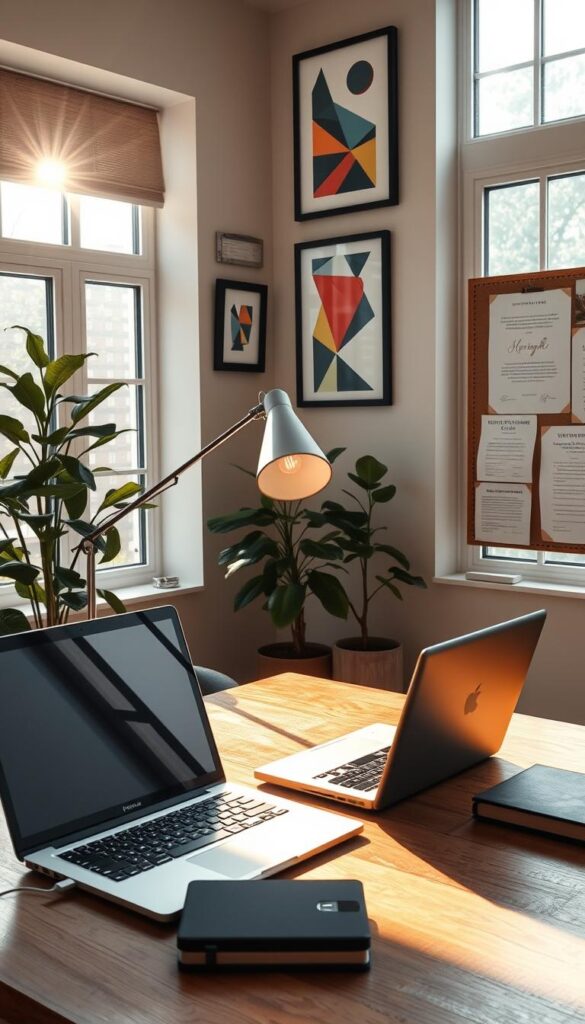 A cozy home office with a laptop, stylish desk lamp, and a cup of coffee on a wooden table. Geometric art prints and framed certificates adorn the walls, creating a professional yet relaxed atmosphere. Sunlight streams in through large windows, casting a warm glow on the space. A houseplant in the corner adds a touch of nature, while a bulletin board displays inspiring quotes and reminders. The scene conveys the freedom and flexibility of freelance work, with the tools and environment conducive to productivity and creativity. A cozy home office with a laptop, stylish desk lamp, and a cup of coffee on a wooden table. Geometric art prints and framed certificates adorn the walls, creating a professional yet relaxed atmosphere. Sunlight streams in through large windows, casting a warm glow on the space. A houseplant in the corner adds a touch of nature, while a bulletin board displays inspiring quotes and reminders. The scene conveys the freedom and flexibility of freelance work, with the tools and environment conducive to productivity and creativity.