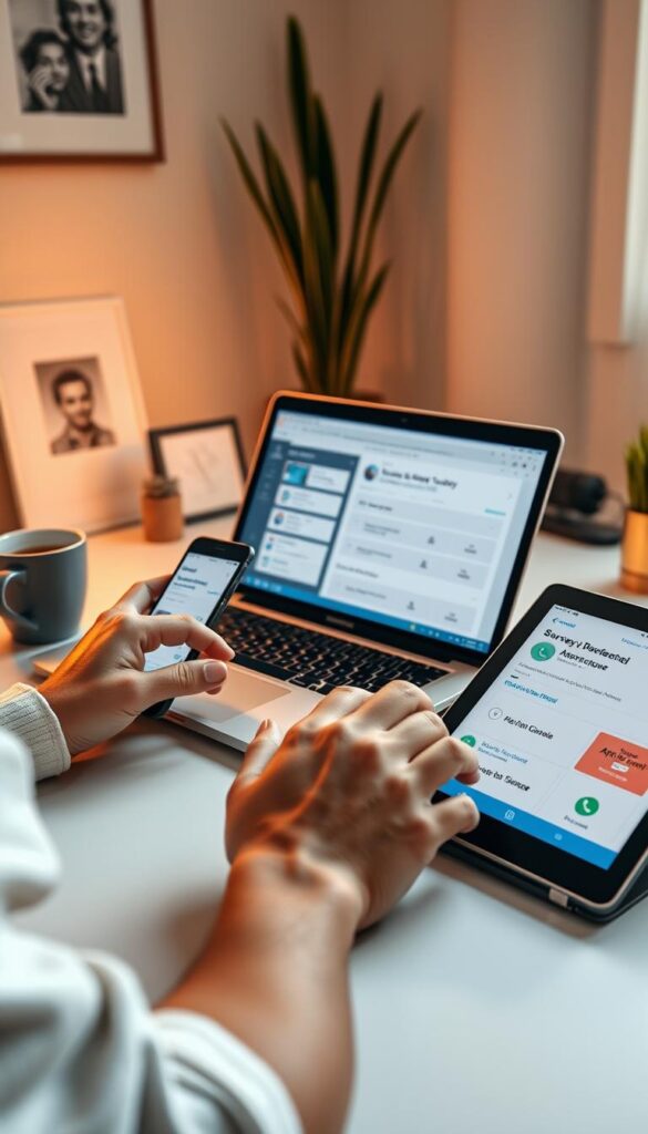 A cozy home office with a modern desktop setup, complete with a laptop, smartphone, and a tablet displaying survey forms and app testing interfaces. In the foreground, a person's hands are engaged with the devices, tapping and swiping. Warm, soft lighting illuminates the scene, creating a comfortable and inviting atmosphere. The background features minimalist decor, adding a sense of productivity and focus. A cup of coffee or tea sits nearby, hinting at the casual, yet productive nature of online surveys and app testing. The overall composition conveys the ease and flexibility of earning extra income through digital tasks in one's own time. A cozy home office with a modern desktop setup, complete with a laptop, smartphone, and a tablet displaying survey forms and app testing interfaces. In the foreground, a person's hands are engaged with the devices, tapping and swiping. Warm, soft lighting illuminates the scene, creating a comfortable and inviting atmosphere. The background features minimalist decor, adding a sense of productivity and focus. A cup of coffee or tea sits nearby, hinting at the casual, yet productive nature of online surveys and app testing. The overall composition conveys the ease and flexibility of earning extra income through digital tasks in one's own time.
