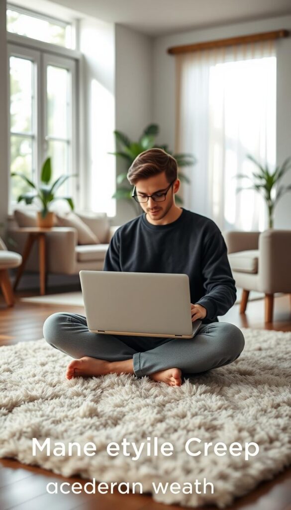 A cozy, minimalist home interior with natural lighting filtering through large windows. In the foreground, a person sits cross-legged on a plush, neutral-colored rug, deeply focused on a financial spreadsheet displayed on a sleek, compact laptop. The middle ground features clean-lined, functional furniture pieces in muted tones, conveying a sense of simplicity and order. The background showcases a serene, plant-filled environment, hinting at a balanced, decluttered lifestyle. The overall atmosphere is one of intentionality, calm, and financial prudence, reflecting the notion of managing lifestyle creep to accelerate wealth growth. A cozy, minimalist home interior with natural lighting filtering through large windows. In the foreground, a person sits cross-legged on a plush, neutral-colored rug, deeply focused on a financial spreadsheet displayed on a sleek, compact laptop. The middle ground features clean-lined, functional furniture pieces in muted tones, conveying a sense of simplicity and order. The background showcases a serene, plant-filled environment, hinting at a balanced, decluttered lifestyle. The overall atmosphere is one of intentionality, calm, and financial prudence, reflecting the notion of managing lifestyle creep to accelerate wealth growth.