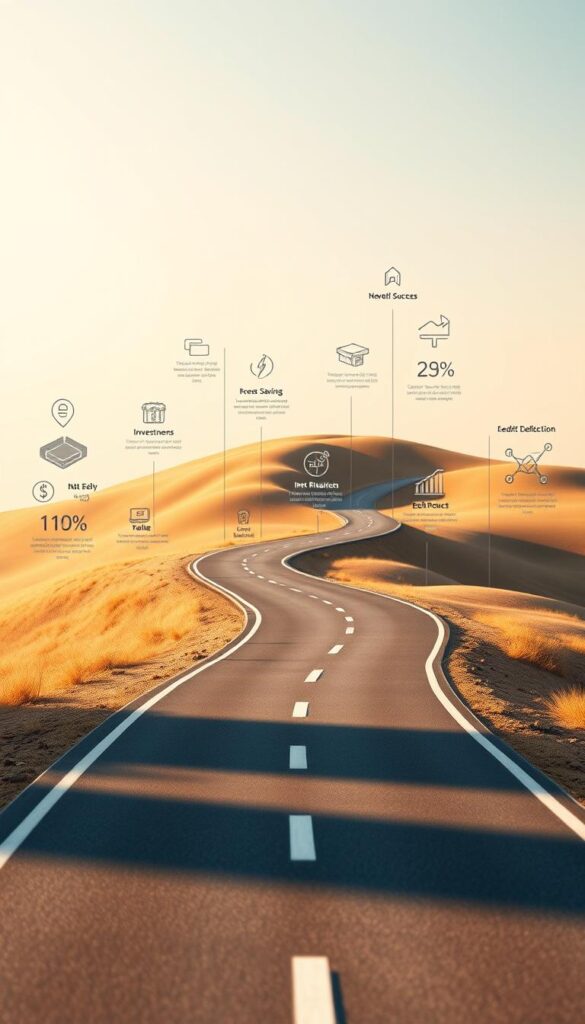 A detailed roadmap of financial goals, with a clear path forward displayed in an organized, visually appealing manner. The foreground features a winding road leading through various milestones, such as savings, investments, and debt reduction. The middle ground showcases icons and infographics highlighting key financial objectives. The background has a soft, pastel-toned gradient, creating a sense of tranquility and focus. Warm, natural lighting illuminates the scene, casting subtle shadows and highlighting the important elements. The overall composition conveys a sense of direction, progress, and the achievable nature of financial success. A detailed roadmap of financial goals, with a clear path forward displayed in an organized, visually appealing manner. The foreground features a winding road leading through various milestones, such as savings, investments, and debt reduction. The middle ground showcases icons and infographics highlighting key financial objectives. The background has a soft, pastel-toned gradient, creating a sense of tranquility and focus. Warm, natural lighting illuminates the scene, casting subtle shadows and highlighting the important elements. The overall composition conveys a sense of direction, progress, and the achievable nature of financial success.