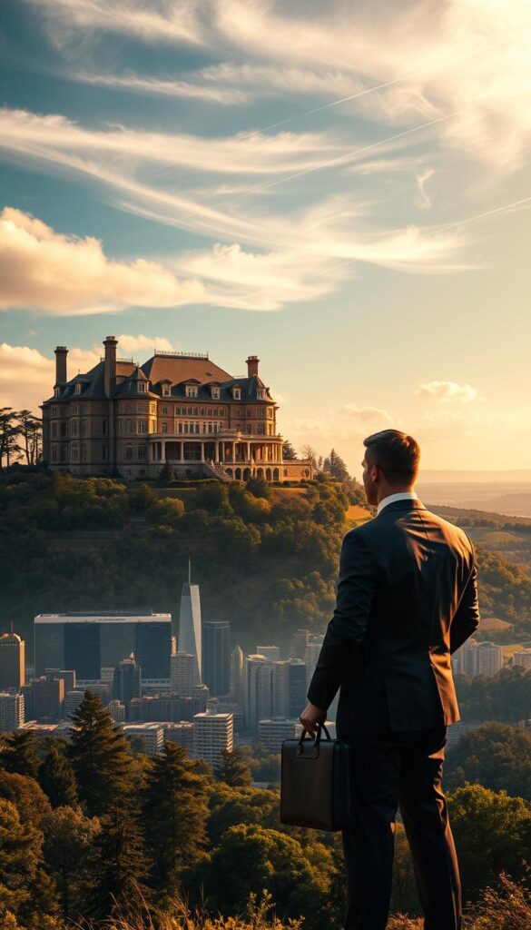 A grand, stately mansion perched atop a hill, its majestic architecture bathed in warm, golden sunlight filtering through wispy clouds. In the foreground, a businessman in a sharp suit stands confidently, one hand gripping a briefcase, the other raised in a gesture of authority. The middle ground reveals a bustling cityscape, skyscrapers reaching towards the heavens, symbolizing the power of financial leverage. In the background, a sprawling landscape of rolling hills and verdant forests, hinting at the boundless potential and opportunities that await those who harness the power of leverage. The scene exudes a sense of opportunity, wealth, and the ability to transform one's circumstances through strategic thinking and bold action. A grand, stately mansion perched atop a hill, its majestic architecture bathed in warm, golden sunlight filtering through wispy clouds. In the foreground, a businessman in a sharp suit stands confidently, one hand gripping a briefcase, the other raised in a gesture of authority. The middle ground reveals a bustling cityscape, skyscrapers reaching towards the heavens, symbolizing the power of financial leverage. In the background, a sprawling landscape of rolling hills and verdant forests, hinting at the boundless potential and opportunities that await those who harness the power of leverage. The scene exudes a sense of opportunity, wealth, and the ability to transform one's circumstances through strategic thinking and bold action.