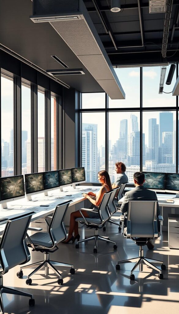 A modern digital workspace with minimalist workstations, sleek monitors, and colorful accents. Crisp natural lighting filters through large windows, casting a warm glow across the ergonomic chairs and clean, clutter-free desks. Stylish employees collaborate seamlessly, laptops and tablets in hand, harnessing the power of technology to drive innovation. In the background, a vibrant cityscape visible through the panoramic view, symbolizing the integration of urban life and digital opportunities. An atmosphere of productivity, focus, and flexibility - the essence of a thriving digital work lifestyle. A modern digital workspace with minimalist workstations, sleek monitors, and colorful accents. Crisp natural lighting filters through large windows, casting a warm glow across the ergonomic chairs and clean, clutter-free desks. Stylish employees collaborate seamlessly, laptops and tablets in hand, harnessing the power of technology to drive innovation. In the background, a vibrant cityscape visible through the panoramic view, symbolizing the integration of urban life and digital opportunities. An atmosphere of productivity, focus, and flexibility - the essence of a thriving digital work lifestyle.