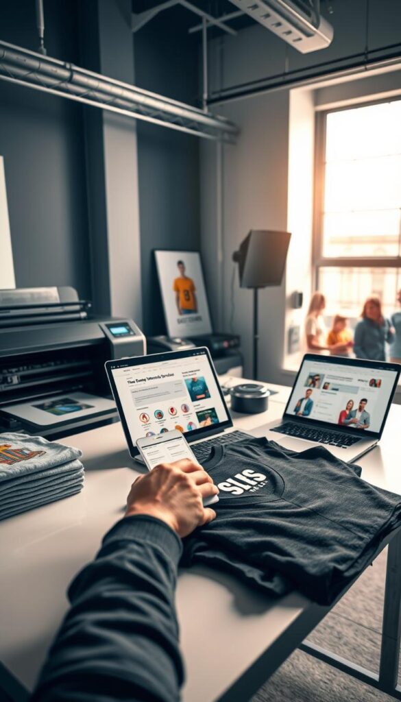 A modern, well-lit studio space with a professional-grade printer, a stack of high-quality T-shirts, and various customizable apparel items neatly arranged on a clean white table. In the foreground, a designer's hands are carefully selecting designs and uploading them to a print-on-demand platform, showcasing the seamless workflow of creating and selling custom merchandise. The middle ground features a laptop displaying sales analytics and order fulfillment details, highlighting the efficient, low-risk nature of the print-on-demand business model. The background depicts a vibrant, diverse customer base browsing and purchasing the unique, personalized products, reflecting the broad appeal and potential for growth in this lucrative online venture. A modern, well-lit studio space with a professional-grade printer, a stack of high-quality T-shirts, and various customizable apparel items neatly arranged on a clean white table. In the foreground, a designer's hands are carefully selecting designs and uploading them to a print-on-demand platform, showcasing the seamless workflow of creating and selling custom merchandise. The middle ground features a laptop displaying sales analytics and order fulfillment details, highlighting the efficient, low-risk nature of the print-on-demand business model. The background depicts a vibrant, diverse customer base browsing and purchasing the unique, personalized products, reflecting the broad appeal and potential for growth in this lucrative online venture.