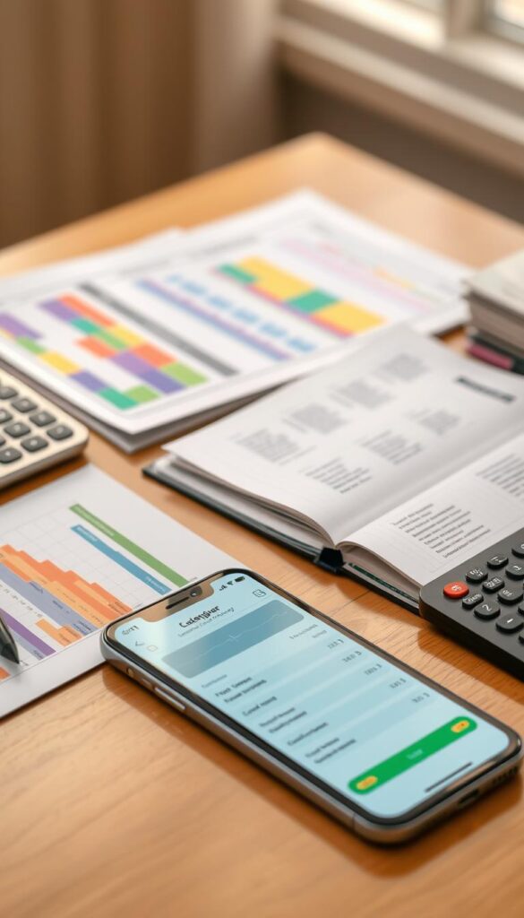 A neatly organized desk with various budgeting tools, including a colorful spreadsheet, a calculator, and a stack of receipts. The foreground features a smartphone displaying a finance tracking app, while the middle ground showcases a notebook open to expense categories. The background is softly blurred, creating a focused and professional atmosphere. Warm, natural lighting illuminates the scene, highlighting the attention to detail and organization required for effective expense tracking. A neatly organized desk with various budgeting tools, including a colorful spreadsheet, a calculator, and a stack of receipts. The foreground features a smartphone displaying a finance tracking app, while the middle ground showcases a notebook open to expense categories. The background is softly blurred, creating a focused and professional atmosphere. Warm, natural lighting illuminates the scene, highlighting the attention to detail and organization required for effective expense tracking.