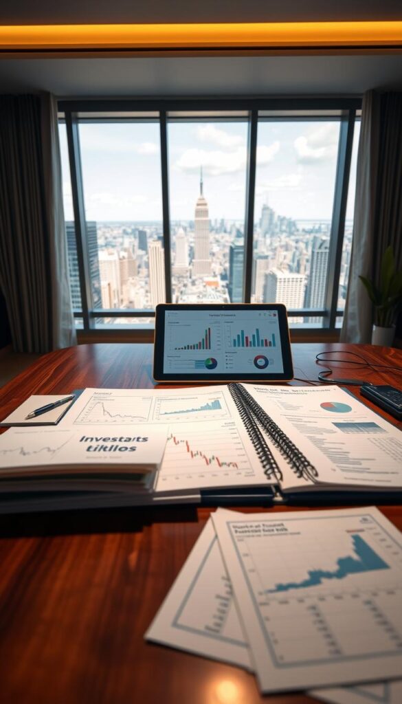 A neatly organized financial portfolio displayed on a sleek mahogany desk, illuminated by warm, directional lighting. In the foreground, a variety of investment documents, including stock charts, bond certificates, and financial reports, are artfully arranged. The middle ground showcases a tablet displaying a comprehensive dashboard of investment performance metrics, with clean, intuitive visualizations. In the background, a large window offers a panoramic view of a bustling cityscape, symbolizing the interconnectedness of global markets. The overall atmosphere conveys a sense of informed, strategic decision-making, with a focus on long-term wealth generation. A neatly organized financial portfolio displayed on a sleek mahogany desk, illuminated by warm, directional lighting. In the foreground, a variety of investment documents, including stock charts, bond certificates, and financial reports, are artfully arranged. The middle ground showcases a tablet displaying a comprehensive dashboard of investment performance metrics, with clean, intuitive visualizations. In the background, a large window offers a panoramic view of a bustling cityscape, symbolizing the interconnectedness of global markets. The overall atmosphere conveys a sense of informed, strategic decision-making, with a focus on long-term wealth generation.