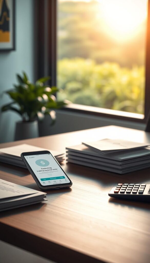 A serene and modern office space, bathed in soft, natural light. On the desk, a smartphone displays a mobile banking app, seamlessly integrating with a digital savings tracker. Nearby, a stack of envelopes and a calculator symbolize traditional savings methods, contrasted with the sleek, automated approach. In the background, a window offers a scenic view of a lush, green landscape, emphasizing the tranquility and balance of this financial management system. The overall atmosphere conveys a sense of effortless, yet impactful, money-saving strategies. A serene and modern office space, bathed in soft, natural light. On the desk, a smartphone displays a mobile banking app, seamlessly integrating with a digital savings tracker. Nearby, a stack of envelopes and a calculator symbolize traditional savings methods, contrasted with the sleek, automated approach. In the background, a window offers a scenic view of a lush, green landscape, emphasizing the tranquility and balance of this financial management system. The overall atmosphere conveys a sense of effortless, yet impactful, money-saving strategies.