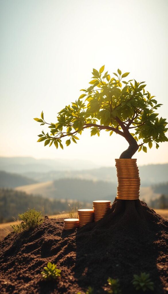 A serene, sunlit vista of a growing tree, its branches spreading outward in a graceful arc. The trunk is formed by stacks of golden coins, each representing the compounding growth of an initial investment over time. The leaves are lush and vibrant, symbolizing the flourishing wealth. In the background, a peaceful landscape with rolling hills and a distant horizon, conveying a sense of long-term potential. The lighting is soft and warm, casting a gentle glow over the scene. The composition is balanced and visually striking, inviting the viewer to imagine the power of compound interest and the rewards of patient, disciplined investing. A serene, sunlit vista of a growing tree, its branches spreading outward in a graceful arc. The trunk is formed by stacks of golden coins, each representing the compounding growth of an initial investment over time. The leaves are lush and vibrant, symbolizing the flourishing wealth. In the background, a peaceful landscape with rolling hills and a distant horizon, conveying a sense of long-term potential. The lighting is soft and warm, casting a gentle glow over the scene. The composition is balanced and visually striking, inviting the viewer to imagine the power of compound interest and the rewards of patient, disciplined investing.