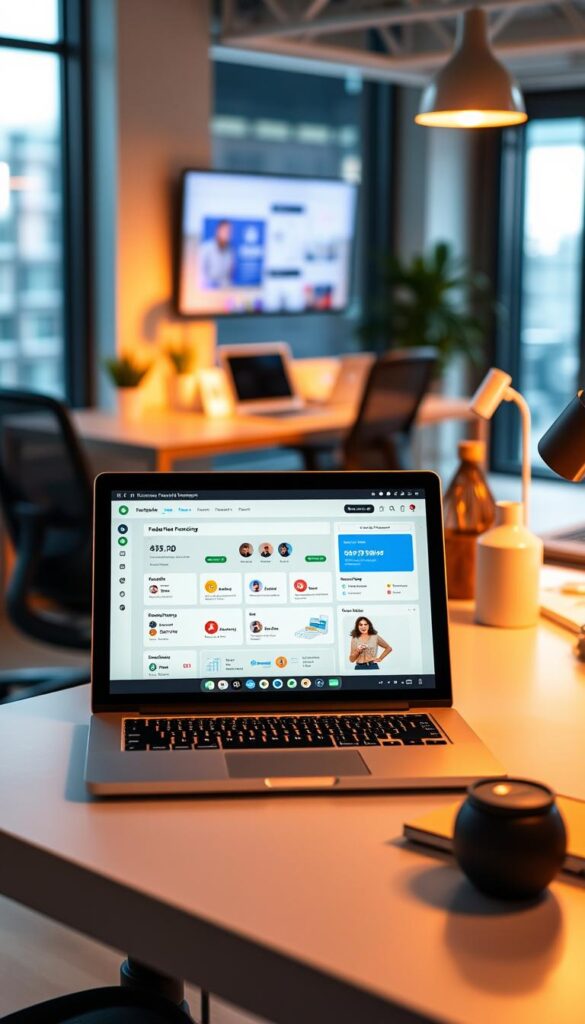 A vibrant and professional freelancing platform interface, showcasing a variety of freelance services and opportunities. In the foreground, a laptop screen displays a clean, user-friendly dashboard with intuitive navigation and colorful icons. Surrounding the laptop, a workspace with a modern, minimalist aesthetic, featuring a sleek desk, ergonomic chair, and carefully curated decor pieces that exude a sense of productivity and inspiration. In the background, a blurred cityscape or coworking space creates a dynamic, urban atmosphere, hinting at the global reach and potential of the freelancing platform. Warm, directional lighting illuminates the scene, emphasizing the platform's user-friendly design and the freelancer's focused, hardworking mindset. A vibrant and professional freelancing platform interface, showcasing a variety of freelance services and opportunities. In the foreground, a laptop screen displays a clean, user-friendly dashboard with intuitive navigation and colorful icons. Surrounding the laptop, a workspace with a modern, minimalist aesthetic, featuring a sleek desk, ergonomic chair, and carefully curated decor pieces that exude a sense of productivity and inspiration. In the background, a blurred cityscape or coworking space creates a dynamic, urban atmosphere, hinting at the global reach and potential of the freelancing platform. Warm, directional lighting illuminates the scene, emphasizing the platform's user-friendly design and the freelancer's focused, hardworking mindset.