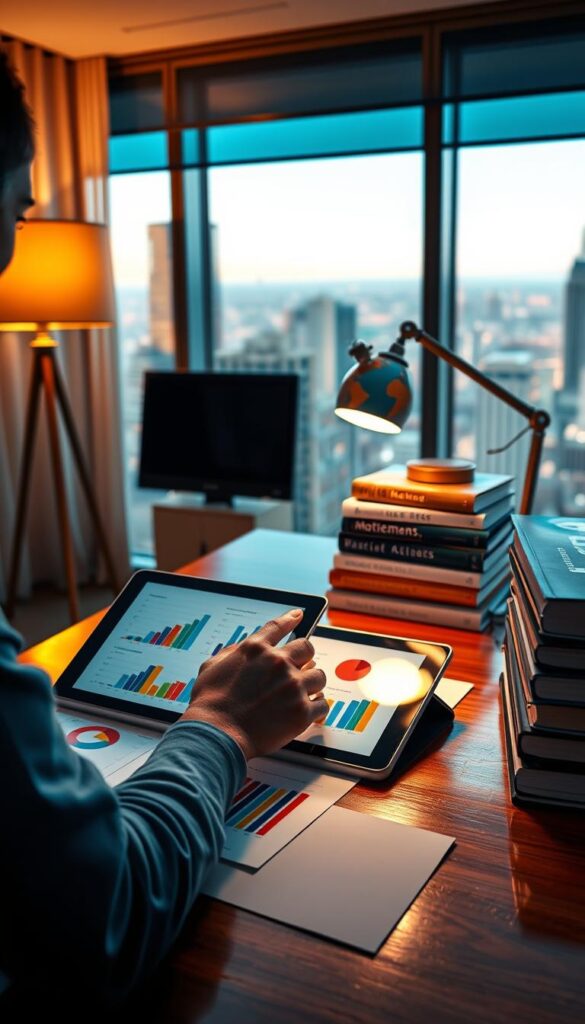 A vibrant, well-lit scene depicting various income growth strategies. In the foreground, a person meticulously charts their financial plan on a sleek tablet, surrounded by an array of colorful graphs and charts. In the middle ground, a stack of books on personal finance and investment strategies sits on a polished wooden desk, complemented by a refined desk lamp casting a warm glow. In the background, a large window overlooks a bustling cityscape, symbolizing the potential for wealth and prosperity. The overall mood is one of focused determination, with a hint of optimism and the promise of a brighter financial future. A vibrant, well-lit scene depicting various income growth strategies. In the foreground, a person meticulously charts their financial plan on a sleek tablet, surrounded by an array of colorful graphs and charts. In the middle ground, a stack of books on personal finance and investment strategies sits on a polished wooden desk, complemented by a refined desk lamp casting a warm glow. In the background, a large window overlooks a bustling cityscape, symbolizing the potential for wealth and prosperity. The overall mood is one of focused determination, with a hint of optimism and the promise of a brighter financial future.