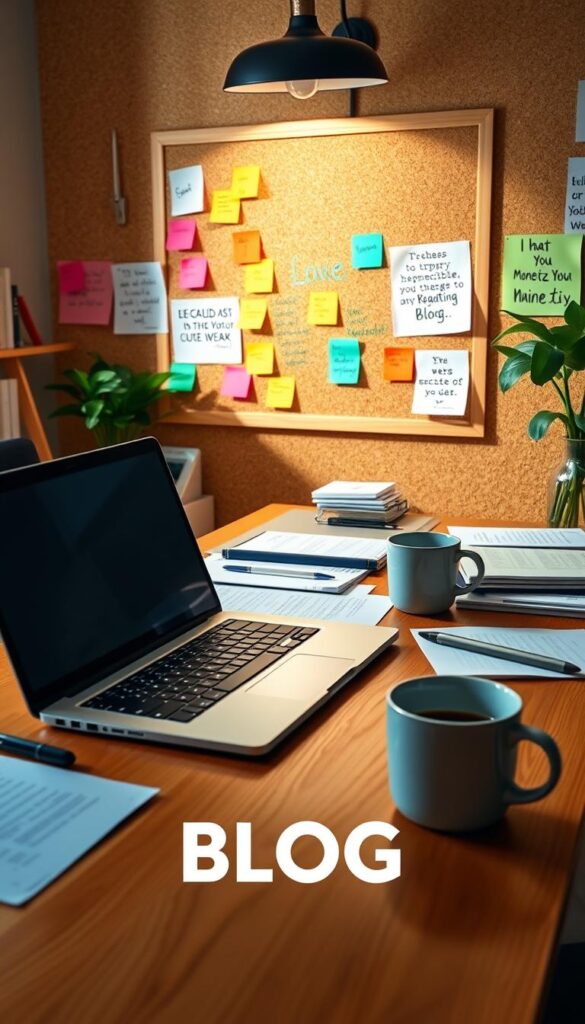 A well-lit home office with a sleek laptop, various documents, and a mug of coffee on a wooden desk. In the background, a corkboard displays colorful sticky notes and inspirational quotes, hinting at the strategies for monetizing a successful blog. The scene exudes a sense of focus, productivity, and the financial potential of online content creation. A well-lit home office with a sleek laptop, various documents, and a mug of coffee on a wooden desk. In the background, a corkboard displays colorful sticky notes and inspirational quotes, hinting at the strategies for monetizing a successful blog. The scene exudes a sense of focus, productivity, and the financial potential of online content creation.