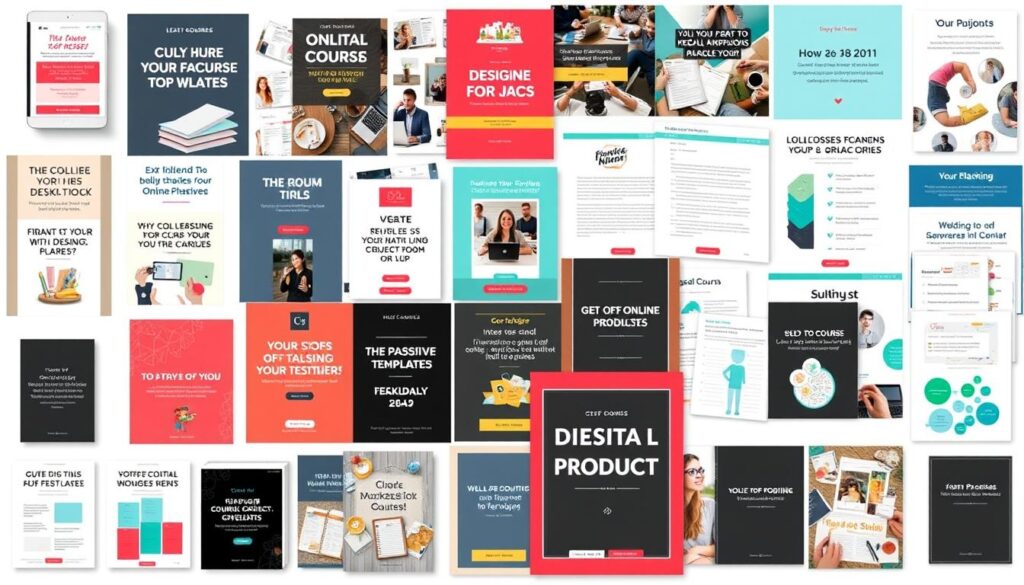 Collection of digital products including e-books, courses, and templates to make money online