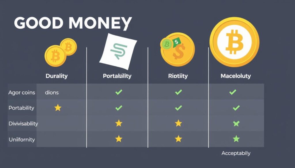 Comparison of different forms of money showing how they meet the six characteristics of good money Comparison of different forms of money showing how they meet the six characteristics of good money