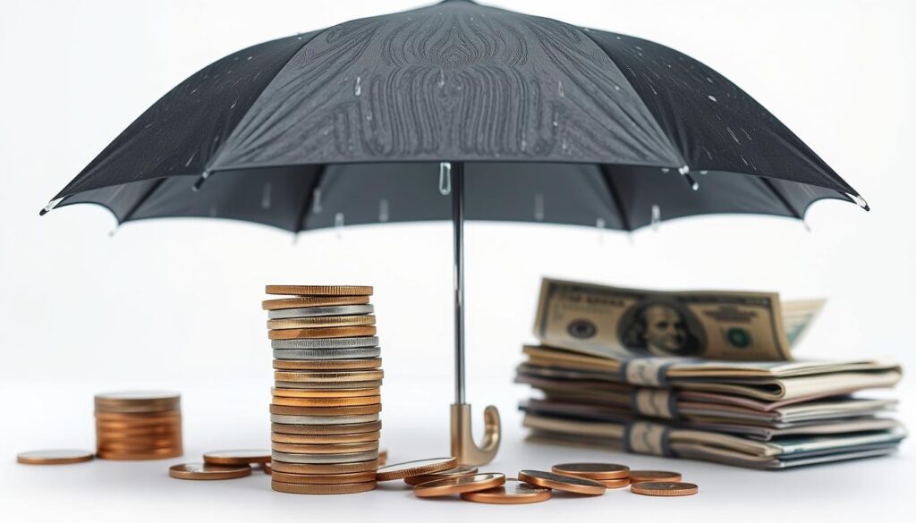 Emergency fund concept with umbrella protecting money