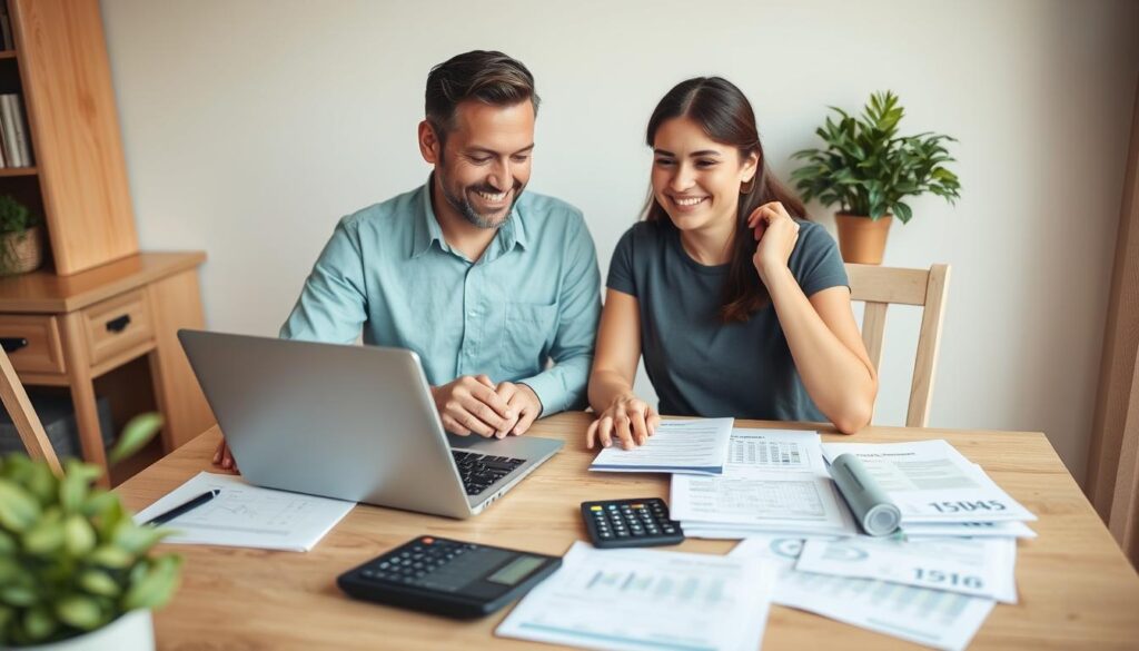 Happy couple reviewing finances together, representing benefits of good money management