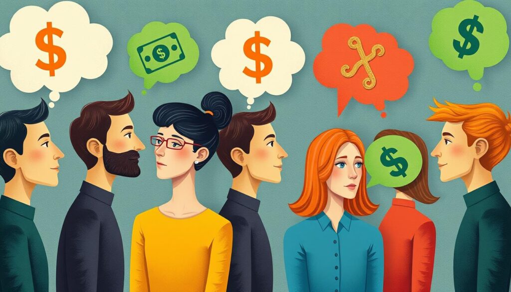Illustration of different money mindsets and emotional relationships with money Illustration of different money mindsets and emotional relationships with money