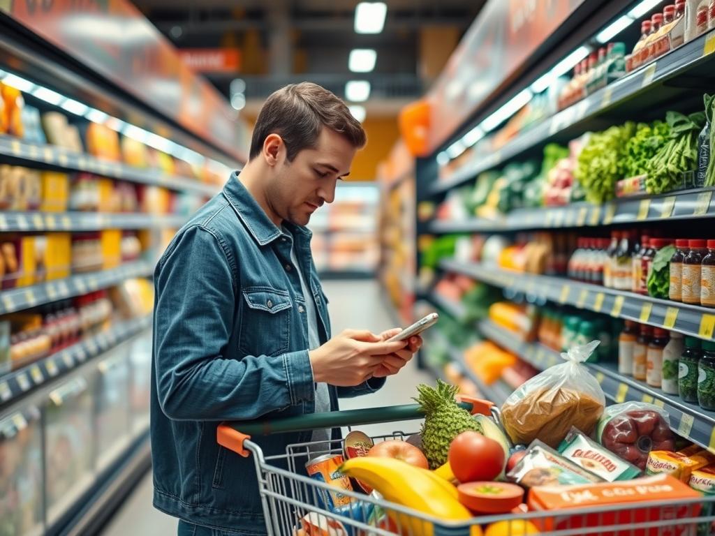 Person comparing prices while grocery shopping to save money
