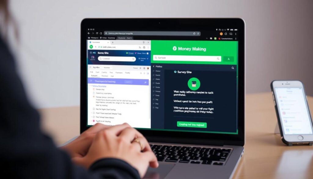 Person completing online tasks to make money quickly
