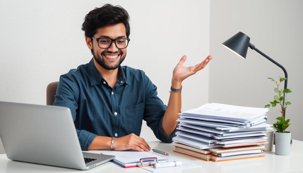 Person confidently planning finances with organized documents, representing successful money management