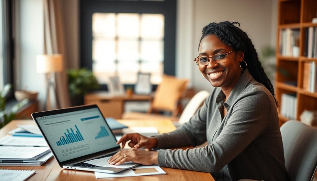 Person confidently planning their financial future with money management tools Person confidently planning their financial future with money management tools