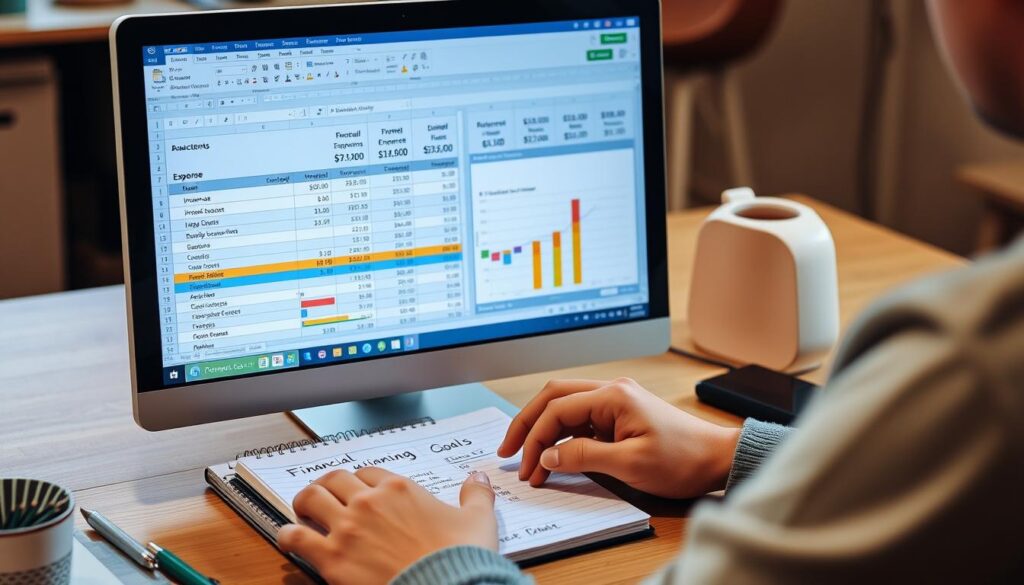 Person creating a budget on computer with spreadsheet showing income and expense categories for money management