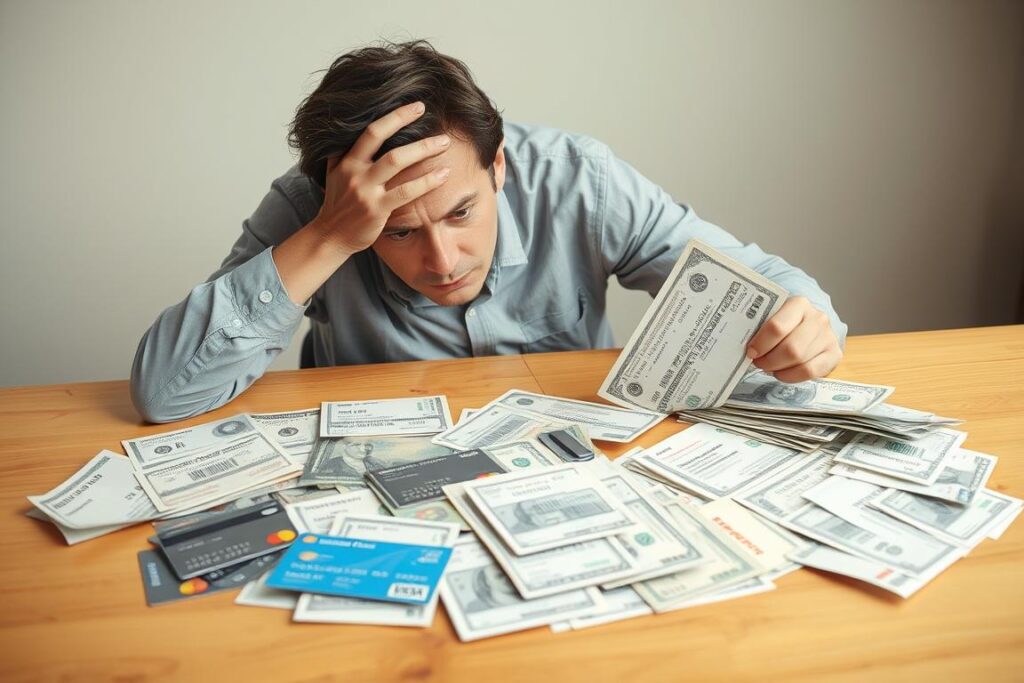 Person looking stressed while reviewing credit card bills, illustrating money management mistakes