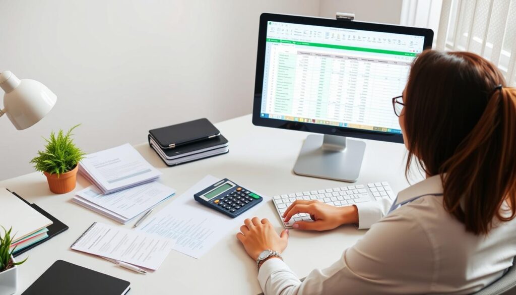 Person managing finances on computer with budget spreadsheet and calculator for money management