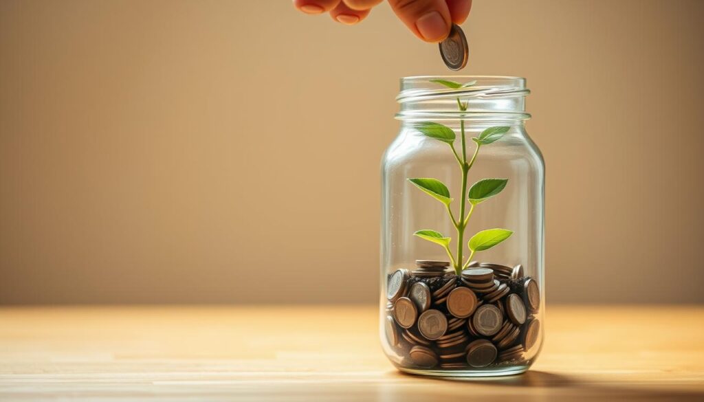 Person saving money by putting coins in a jar