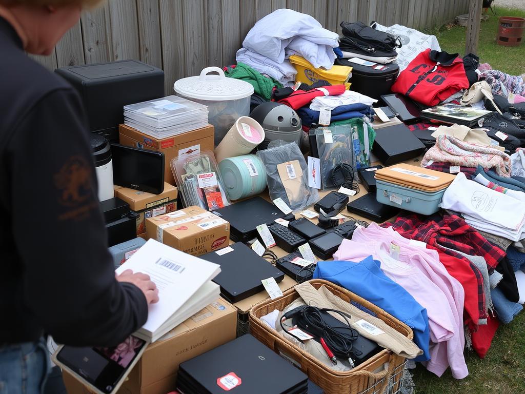 Person selling unused items at yard sale to make money quickly