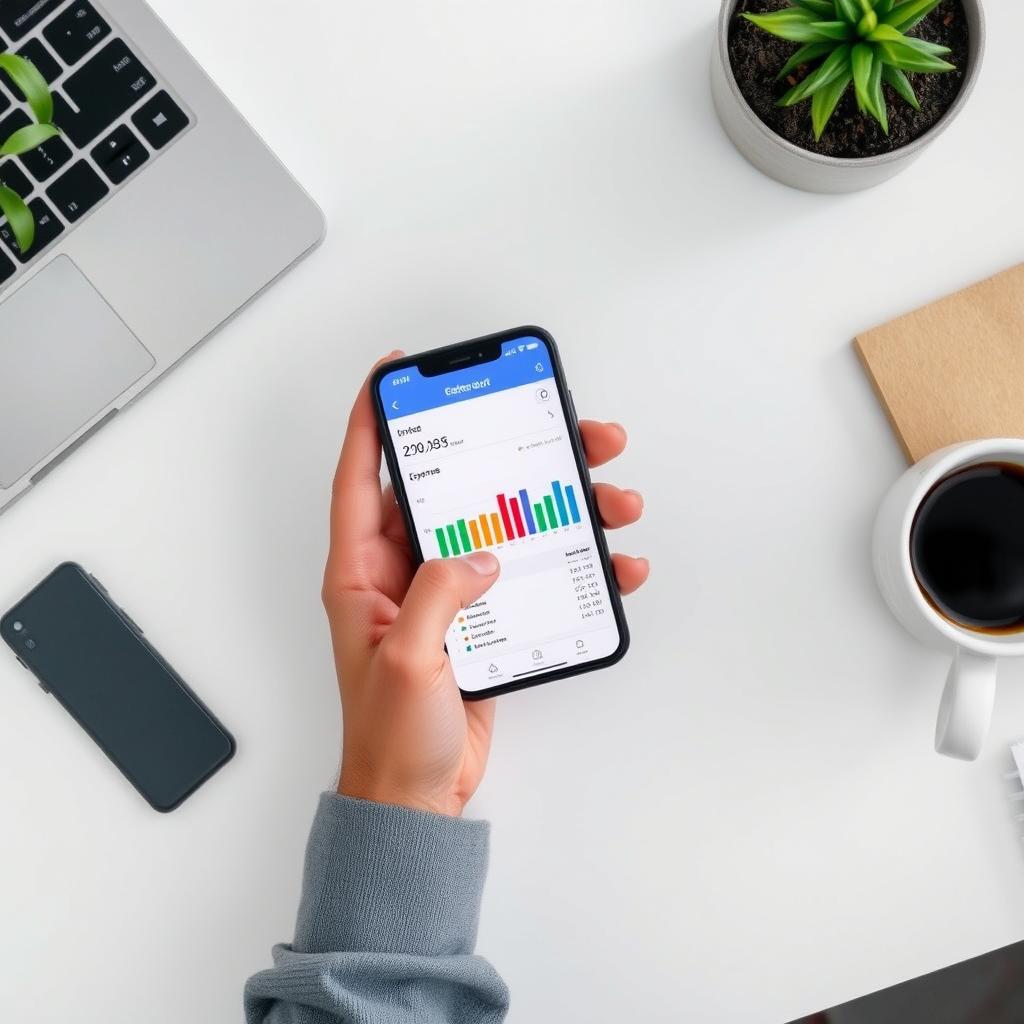 Person tracking expenses and income on a smartphone app Person tracking expenses and income on a smartphone app
