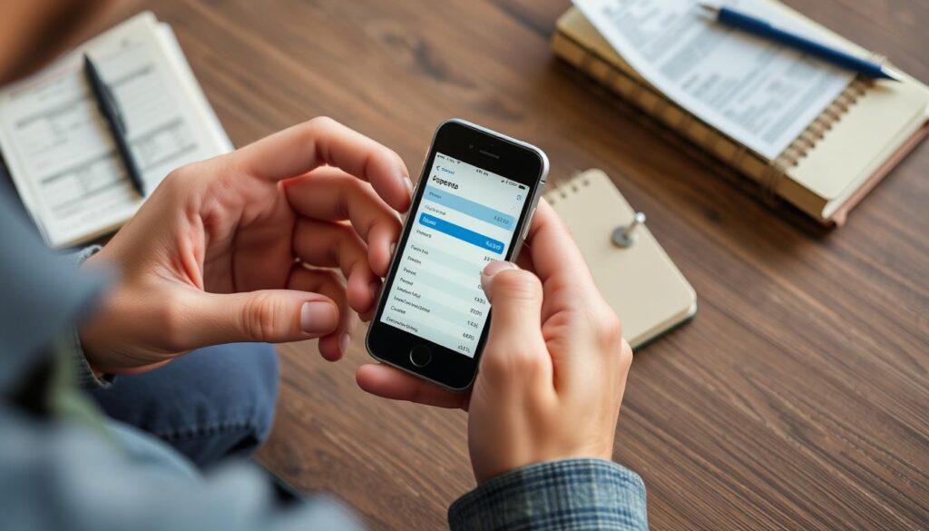 Person tracking expenses using smartphone app and receipts for money management
