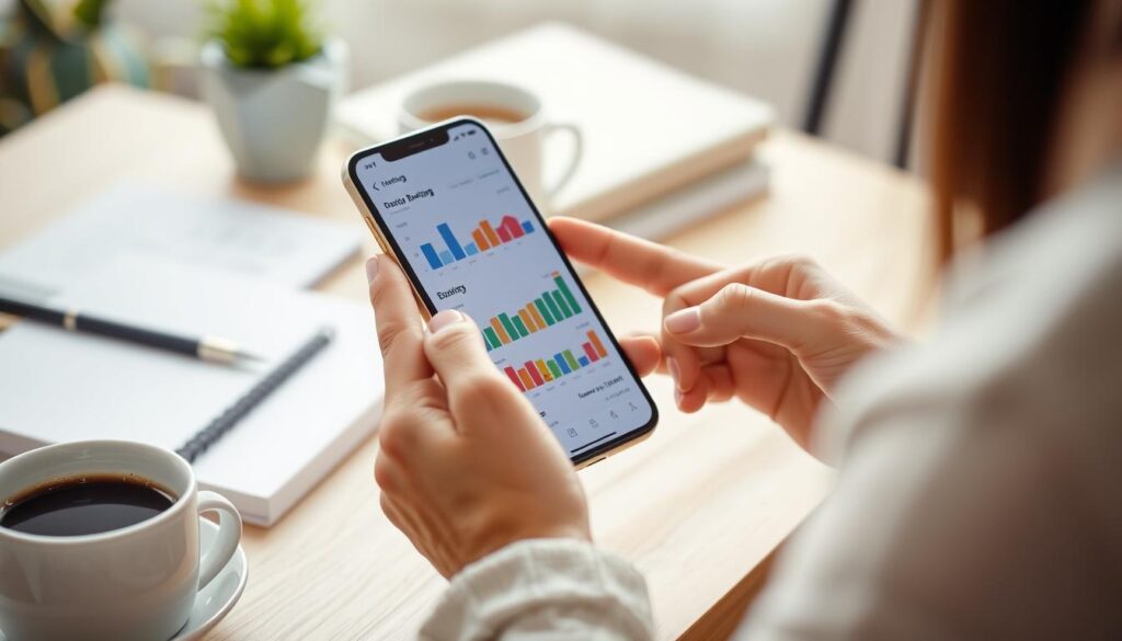 Person using budgeting app on smartphone to save money