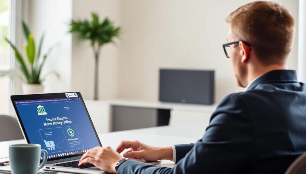 Person working on laptop with multiple income stream graphics displayed on screen to make money online