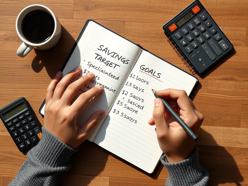 Person writing down savings goals in a notebook