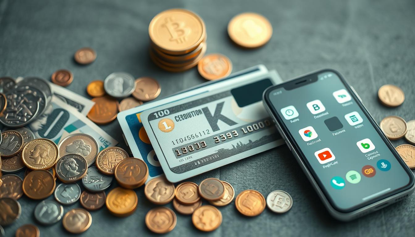 Various forms of money including coins, paper bills, and digital payment methods representing the evolution of money