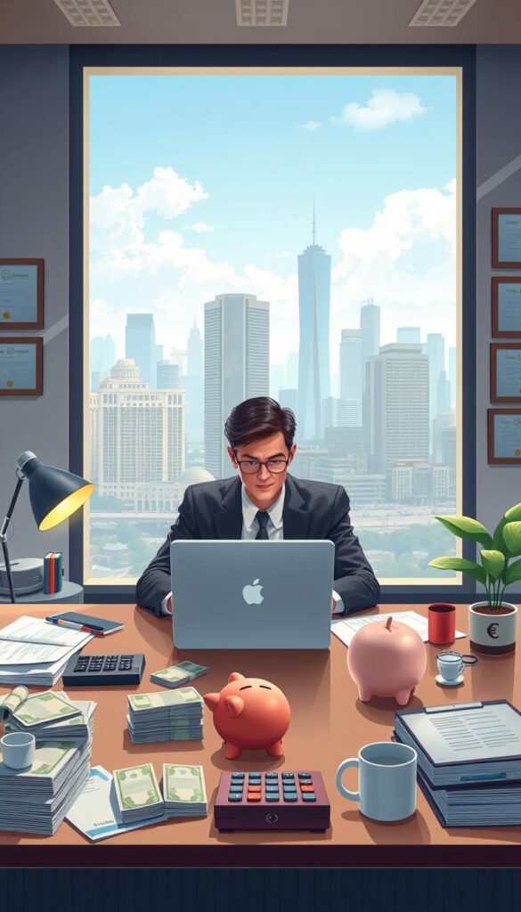 a detailed illustration of "extra cash solutions" featuring a modern, well-lit office space with a large window overlooking a city skyline. In the foreground, a professional-looking person sits at a desk, laptop open, surrounded by various financial documents and a calculator. On the desk, there are stacks of cash, a piggy bank, and a potted plant, suggesting a sense of financial stability and growth. The middle ground includes additional office accessories like a desk organizer, a coffee mug, and a few framed certificates or awards, conveying a successful, organized, and professional atmosphere. The background showcases the cityscape, with skyscrapers and a vibrant, bustling urban environment visible through the window, creating a sense of opportunity and a larger financial context. The overall mood is one of productivity, financial awareness, and the potential for extra cash solutions. a detailed illustration of "extra cash solutions" featuring a modern, well-lit office space with a large window overlooking a city skyline. In the foreground, a professional-looking person sits at a desk, laptop open, surrounded by various financial documents and a calculator. On the desk, there are stacks of cash, a piggy bank, and a potted plant, suggesting a sense of financial stability and growth. The middle ground includes additional office accessories like a desk organizer, a coffee mug, and a few framed certificates or awards, conveying a successful, organized, and professional atmosphere. The background showcases the cityscape, with skyscrapers and a vibrant, bustling urban environment visible through the window, creating a sense of opportunity and a larger financial context. The overall mood is one of productivity, financial awareness, and the potential for extra cash solutions.