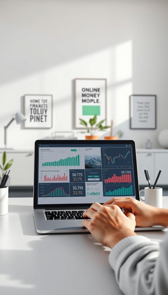 a highly detailed and realistic digital illustration of an online money strategies concept, set in a modern, minimalist office environment. the foreground features a laptop computer with various charts, graphs, and financial data displayed on the screen, with a person's hands interacting with the device. in the middle ground, there are various office accessories and decor elements such as a potted plant, a coffee mug, and a pen holder. the background showcases a clean, white wall with a few framed motivational prints or inspirational quotes. the lighting is natural and diffused, creating a soft, productive atmosphere. the overall color palette is a muted, professional combination of grays, blues, and greens. the composition is balanced and visually appealing, conveying a sense of productivity, focus, and financial success. a highly detailed and realistic digital illustration of an online money strategies concept, set in a modern, minimalist office environment. the foreground features a laptop computer with various charts, graphs, and financial data displayed on the screen, with a person's hands interacting with the device. in the middle ground, there are various office accessories and decor elements such as a potted plant, a coffee mug, and a pen holder. the background showcases a clean, white wall with a few framed motivational prints or inspirational quotes. the lighting is natural and diffused, creating a soft, productive atmosphere. the overall color palette is a muted, professional combination of grays, blues, and greens. the composition is balanced and visually appealing, conveying a sense of productivity, focus, and financial success.