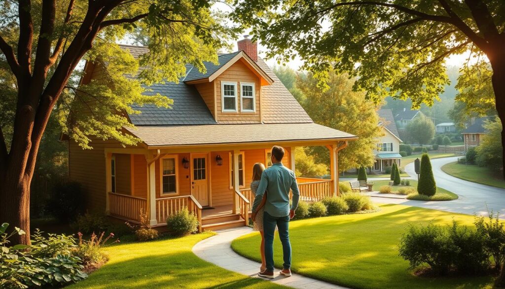 A cozy and inviting family home nestled among lush greenery, with a warm and welcoming porch and a well-tended garden. Sunlight filters through the trees, casting a soft, golden glow over the scene. The house has a traditional, charming aesthetic, with a pitched roof, dormers, and wooden siding. In the foreground, a young couple stands hand-in-hand, gazing at their dream home with a sense of pride and accomplishment. The background features a peaceful, suburban neighborhood, with other homes and a winding street. The overall mood is one of contentment, security, and the realization of a lifelong goal. A cozy and inviting family home nestled among lush greenery, with a warm and welcoming porch and a well-tended garden. Sunlight filters through the trees, casting a soft, golden glow over the scene. The house has a traditional, charming aesthetic, with a pitched roof, dormers, and wooden siding. In the foreground, a young couple stands hand-in-hand, gazing at their dream home with a sense of pride and accomplishment. The background features a peaceful, suburban neighborhood, with other homes and a winding street. The overall mood is one of contentment, security, and the realization of a lifelong goal.
