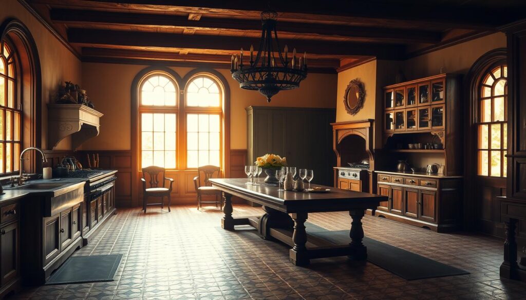 A cozy, well-appointed kitchen in an old manor house, bathed in warm, golden light filtering through large, mullioned windows. Intricate tile work lines the floor and walls, complemented by dark, wooden cabinetry and a massive, double-basin farmhouse sink. An ornate, wrought-iron chandelier hangs overhead, casting a soft, ambient glow. In the center, an expansive, wooden table is set with fine china and crystal, hinting at the grand, formal meals that have taken place here over the centuries. The room has an air of timeless elegance, a glimpse into the refined, unhurried lifestyle of the manor's former occupants. A cozy, well-appointed kitchen in an old manor house, bathed in warm, golden light filtering through large, mullioned windows. Intricate tile work lines the floor and walls, complemented by dark, wooden cabinetry and a massive, double-basin farmhouse sink. An ornate, wrought-iron chandelier hangs overhead, casting a soft, ambient glow. In the center, an expansive, wooden table is set with fine china and crystal, hinting at the grand, formal meals that have taken place here over the centuries. The room has an air of timeless elegance, a glimpse into the refined, unhurried lifestyle of the manor's former occupants.