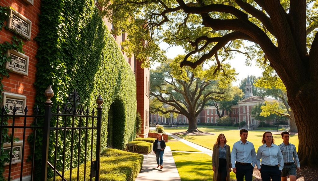 A lush, ivy-covered brick facade of a stately Ivy League university building, its intricate architectural details partially obscured by the verdant vines. The foreground features a wrought-iron gate leading to a manicured, tree-lined walkway, with sunlight filtering through the leaves and casting a warm, golden glow. In the middle ground, students in crisp button-down shirts and blazers stroll leisurely, embodying an air of refined sophistication. The background depicts a picturesque quad, with other historic buildings and towering oak trees, evoking a sense of timeless tradition and intellectual prestige. A lush, ivy-covered brick facade of a stately Ivy League university building, its intricate architectural details partially obscured by the verdant vines. The foreground features a wrought-iron gate leading to a manicured, tree-lined walkway, with sunlight filtering through the leaves and casting a warm, golden glow. In the middle ground, students in crisp button-down shirts and blazers stroll leisurely, embodying an air of refined sophistication. The background depicts a picturesque quad, with other historic buildings and towering oak trees, evoking a sense of timeless tradition and intellectual prestige.