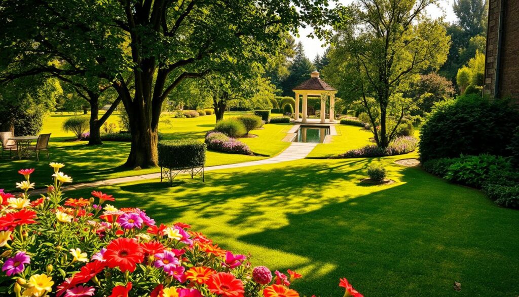 A lush, well-manicured summer garden nestled within the grounds of an old manor house. In the foreground, a vibrant floral border bursts with colorful blooms, their petals gently swaying in a warm breeze. Beyond, a neatly trimmed lawn extends, dotted with ornamental trees casting dappled shadows. In the middle ground, a meandering stone path leads the eye towards a charming gazebo, its white columns and trellis draped in flowering vines. In the distance, a pristine reflection pool mirrors the surrounding greenery, creating a sense of tranquility. Overhead, a cloudless sky bathes the scene in warm, golden light, evoking a feeling of timeless elegance and a serene escape from the modern world. A lush, well-manicured summer garden nestled within the grounds of an old manor house. In the foreground, a vibrant floral border bursts with colorful blooms, their petals gently swaying in a warm breeze. Beyond, a neatly trimmed lawn extends, dotted with ornamental trees casting dappled shadows. In the middle ground, a meandering stone path leads the eye towards a charming gazebo, its white columns and trellis draped in flowering vines. In the distance, a pristine reflection pool mirrors the surrounding greenery, creating a sense of tranquility. Overhead, a cloudless sky bathes the scene in warm, golden light, evoking a feeling of timeless elegance and a serene escape from the modern world.