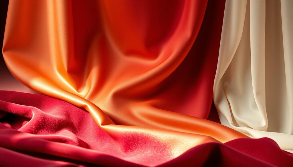 A luxurious tableau of high-quality fabrics cascading in elegant folds. In the foreground, plush velvet in a rich burgundy hue, its soft pile catching the warm light. Flowing behind it, a sumptuous satin in a muted champagne tone, its sheen radiating a timeless opulence. In the background, a whisper of fine silk chiffon in an ethereal ivory, its diaphanous layers evoking the graceful movements of a high-society lady. Illuminated by a soft, diffused lighting that casts a flattering glow, the fabrics are photographed at a mid-range angle to capture their lush textures and timeless allure, evoking the essence of old-money style and sophistication. A luxurious tableau of high-quality fabrics cascading in elegant folds. In the foreground, plush velvet in a rich burgundy hue, its soft pile catching the warm light. Flowing behind it, a sumptuous satin in a muted champagne tone, its sheen radiating a timeless opulence. In the background, a whisper of fine silk chiffon in an ethereal ivory, its diaphanous layers evoking the graceful movements of a high-society lady. Illuminated by a soft, diffused lighting that casts a flattering glow, the fabrics are photographed at a mid-range angle to capture their lush textures and timeless allure, evoking the essence of old-money style and sophistication.