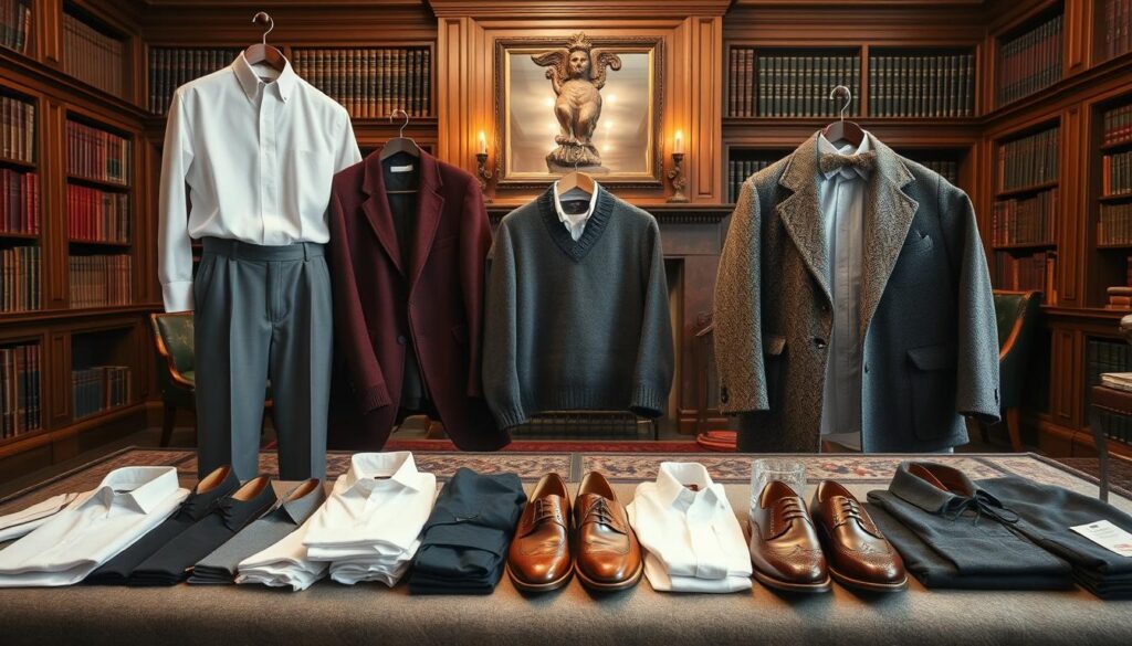 A meticulously curated collection of quintessential old money garments, captured in a stately and refined manner. In the foreground, an array of crisp white dress shirts, expertly tailored trousers, and fine knit sweaters in muted tones of grey, navy, and burgundy. In the middle ground, a selection of polished leather brogues and loafers, along with a well-worn but beloved tweed sports coat. The background features a stately wood-paneled library, with rows of leather-bound books and a crackling fireplace, conveying a sense of timeless elegance and old-world sophistication. A meticulously curated collection of quintessential old money garments, captured in a stately and refined manner. In the foreground, an array of crisp white dress shirts, expertly tailored trousers, and fine knit sweaters in muted tones of grey, navy, and burgundy. In the middle ground, a selection of polished leather brogues and loafers, along with a well-worn but beloved tweed sports coat. The background features a stately wood-paneled library, with rows of leather-bound books and a crackling fireplace, conveying a sense of timeless elegance and old-world sophistication.