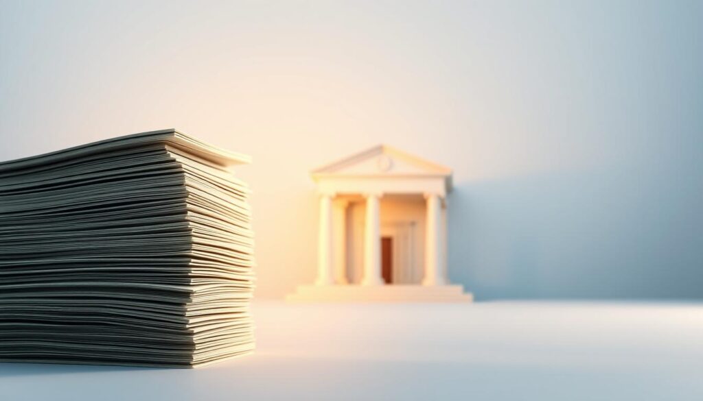 A minimalist digital illustration of a high-yield savings account strategy. In the foreground, a stack of US dollar bills in various denominations is depicted against a soft, blurred background. The middle ground features a sleek, modern bank building with clean lines and a minimalist design, bathed in warm, directional lighting. The background is a gradient of soothing blues and grays, conveying a sense of financial stability and growth. The overall mood is one of simplicity, professionalism, and the potential for wealth accumulation through smart, long-term savings. A minimalist digital illustration of a high-yield savings account strategy. In the foreground, a stack of US dollar bills in various denominations is depicted against a soft, blurred background. The middle ground features a sleek, modern bank building with clean lines and a minimalist design, bathed in warm, directional lighting. The background is a gradient of soothing blues and grays, conveying a sense of financial stability and growth. The overall mood is one of simplicity, professionalism, and the potential for wealth accumulation through smart, long-term savings.