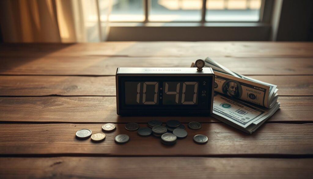A minimalist still life arrangement on a rustic wooden table, with a digital timer set to 10 minutes, surrounded by a few coins and dollar bills. Soft, warm lighting from a nearby window casts gentle shadows. The scene conveys a sense of calm focus and the potential for wealth and prosperity to manifest quickly. The composition is balanced and visually pleasing, with the timer as the central focal point. A minimalist still life arrangement on a rustic wooden table, with a digital timer set to 10 minutes, surrounded by a few coins and dollar bills. Soft, warm lighting from a nearby window casts gentle shadows. The scene conveys a sense of calm focus and the potential for wealth and prosperity to manifest quickly. The composition is balanced and visually pleasing, with the timer as the central focal point.