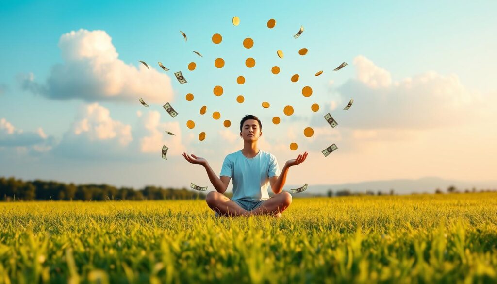 A peaceful, serene landscape with a tranquil meadow in the foreground. In the center, a person sitting in a lotus position, eyes closed, hands palm-up in a meditative pose. Golden coins and bills gently float down around them, as if manifesting from the air. The sky is clear and blue, with soft, fluffy clouds. Warm, natural lighting bathes the scene, creating a sense of harmony and abundance. The overall mood is one of calm, focus, and spiritual connection to the flow of wealth. A peaceful, serene landscape with a tranquil meadow in the foreground. In the center, a person sitting in a lotus position, eyes closed, hands palm-up in a meditative pose. Golden coins and bills gently float down around them, as if manifesting from the air. The sky is clear and blue, with soft, fluffy clouds. Warm, natural lighting bathes the scene, creating a sense of harmony and abundance. The overall mood is one of calm, focus, and spiritual connection to the flow of wealth.