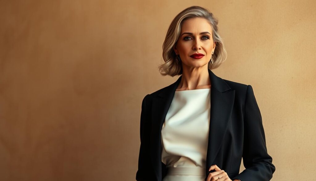 A poised and sophisticated "old money woman" stands elegantly, adorned in a timeless white dress and black blazer. Her burgundy lips and nails exude a refined, effortless style. The scene is bathed in soft, warm lighting, creating a sense of timeless luxury. The background is a subtly textured, muted palette, allowing the subject to take center stage. The overall composition conveys a sense of quiet confidence and understated elegance, embodying the essence of the "old money" aesthetic that is currently captivating American society. A poised and sophisticated "old money woman" stands elegantly, adorned in a timeless white dress and black blazer. Her burgundy lips and nails exude a refined, effortless style. The scene is bathed in soft, warm lighting, creating a sense of timeless luxury. The background is a subtly textured, muted palette, allowing the subject to take center stage. The overall composition conveys a sense of quiet confidence and understated elegance, embodying the essence of the "old money" aesthetic that is currently captivating American society.